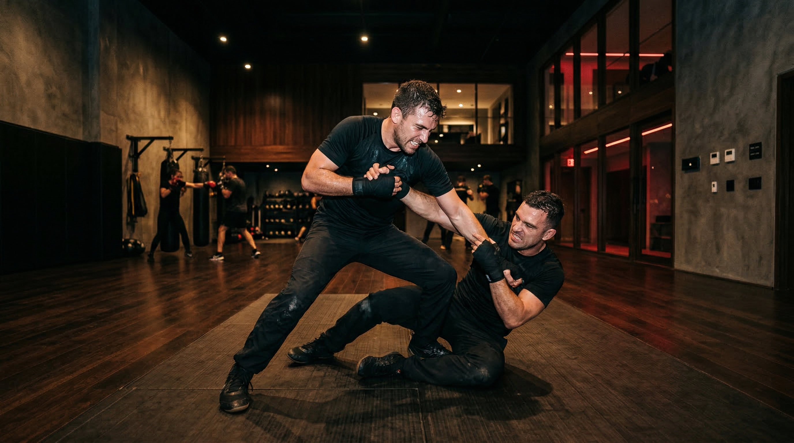 Two martial artists training Krav Maga techniques in a modern dojo with dramatic lighting