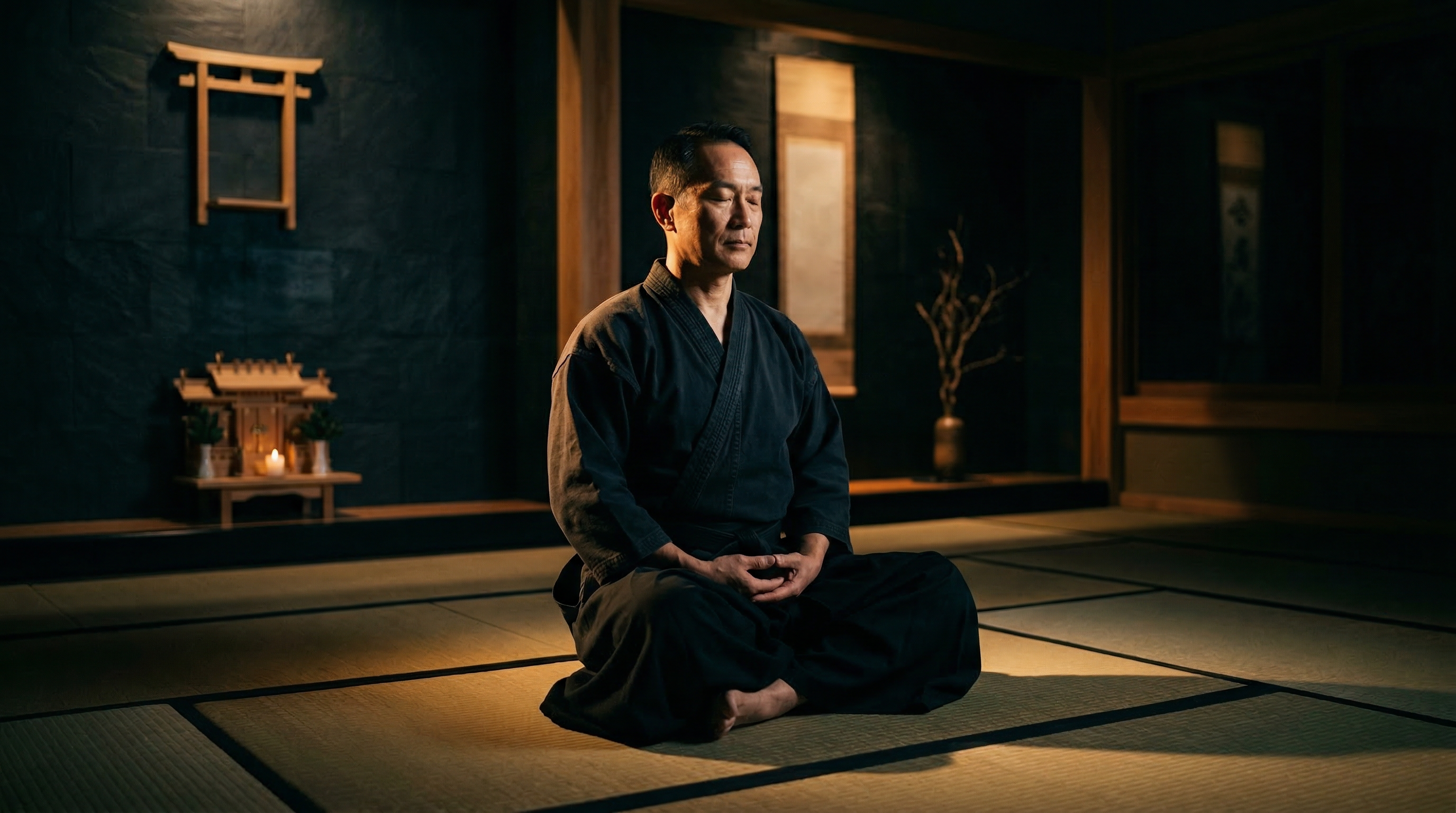 Martial arts instructor meditating in a traditional dojo, embodying mental discipline and awareness