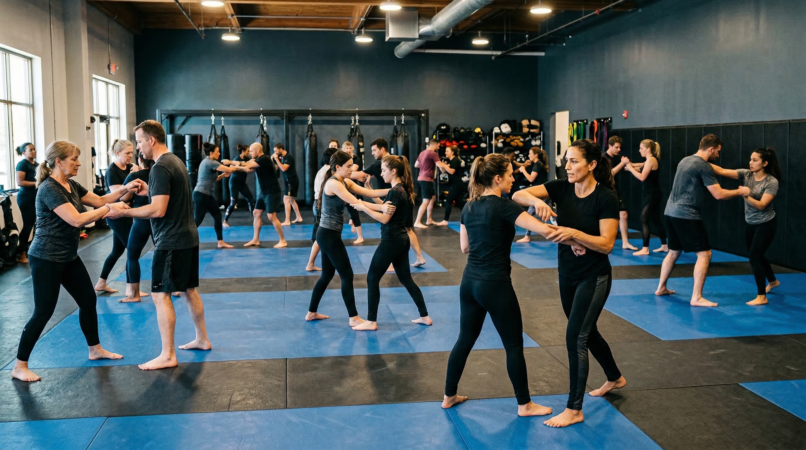 Diverse group of students practicing self-defense techniques in pairs on training mats